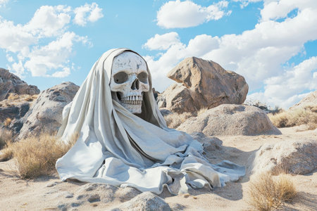 Surreal desert landscape featuring colossal skull draped in fabric amidst rocky terrain and blue skyの写真素材
