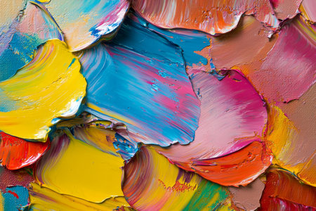 Vibrant abstract oil painting on canvas with rich texture and colorful palette knife strokesの写真素材