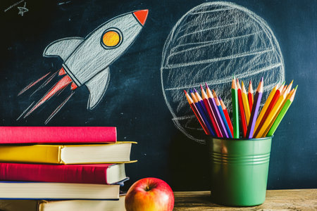 Creative back to school scene featuring a chalkboard, rocket drawing, books, and colorful suppliesの写真素材