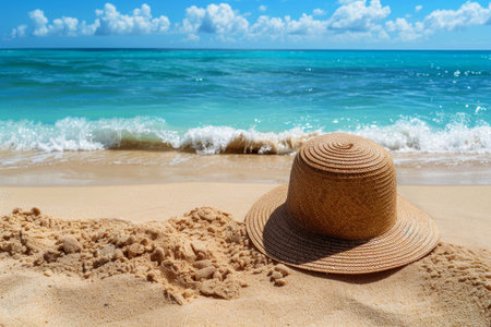 Tranquil summer beach scene with sun hat on sandy shore against azure sea backgroundの写真素材