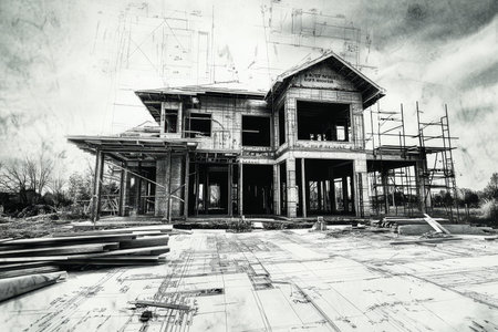 House under construction with blueprints a detailed look at an ongoing building projectの写真素材