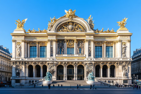 Panoramic view of the historic palais garnier opera house in paris under a clear blue skyの写真素材