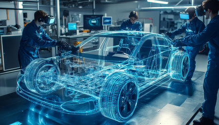 Team of automotive engineers collaborating on electric car prototype in virtual reality environmentの写真素材