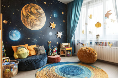 Vibrant space themed children's room with creative eco friendly design and fantasy wallpaper