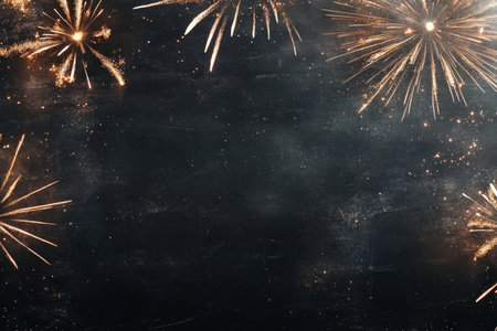 Festive new year fireworks display with golden blooms on a dark gray blackboard backgroundの写真素材