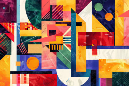 Colorful geometric patterns with abstract shapes and lines in captivating arrangementの写真素材
