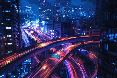 Urban night scene with expressway traffic flowing above an intersection road in the cityの写真素材