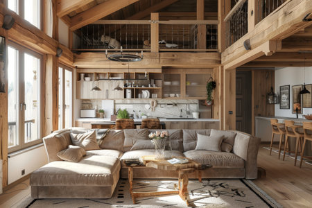 Modern farmhouse style living room interior design in a rural home setting for a cozy ambianceの写真素材