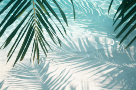 Tropical leaf shadow reflections palm leaves cast shadows on beach, ideal summer vacation concept