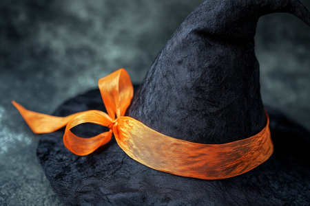 Charming black witch hat with orange ribbon for halloween decor and costume accessoriesの写真素材