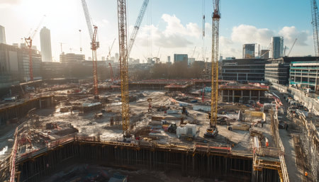 Vibrant construction site featuring numerous tower cranes amidst ongoing urban developmentの写真素材