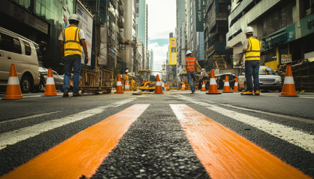 City workers installing construction cone markings for new road development and safety measuresの写真素材