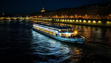 Nighttime photography of a luminous white cruise boat brimming with passengers on the seine riverの写真素材