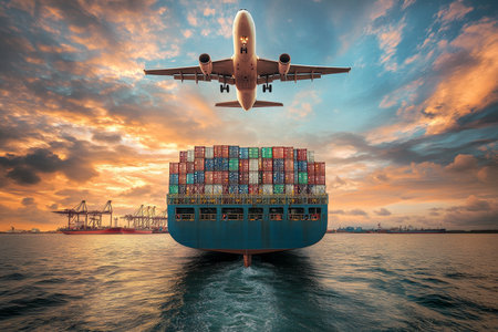 Cargo plane soars above busy container ship, highlighting global trade and stunning ocean viewの写真素材
