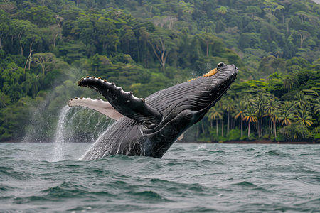 Majestic humpback whale breaching in puerto lopez, ecuador s waters, creating a stunning spectacleの写真素材