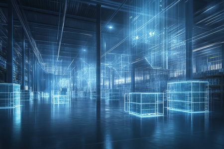 Futuristic warehouse visualization holographic technology enhances logistics and delivery precision