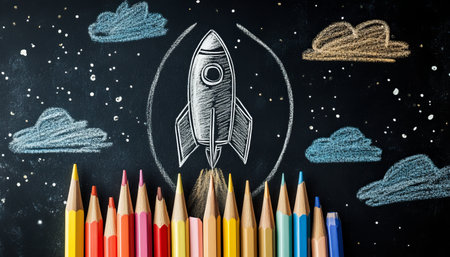 Chalk drawing of rocket on blackboard with pencil rocket, celebrating back to school themeの写真素材