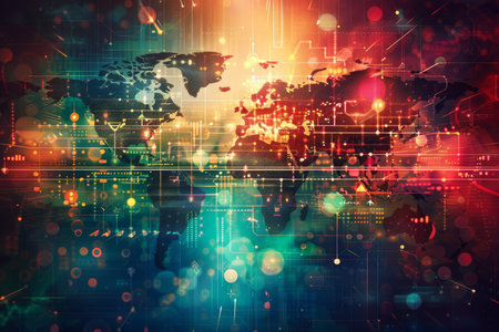 Global business internet concept with world map on technological background and internet symbols