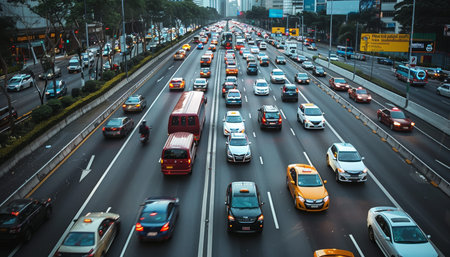 Highway scene with busy traffic flow of cars and trucks for optimal search relevance