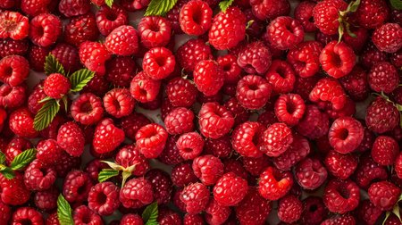 Fresh sweet red raspberries top view with high quality image and elevated framing