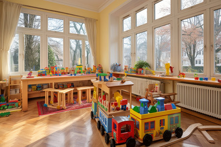 Modern childrens room showcasing bright, functional furniture and an array of toys for playtime funの写真素材