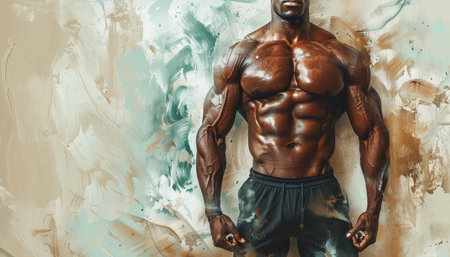 Muscular bodybuilder showcasing chiseled abs on soft pastel background with text spaceの写真素材
