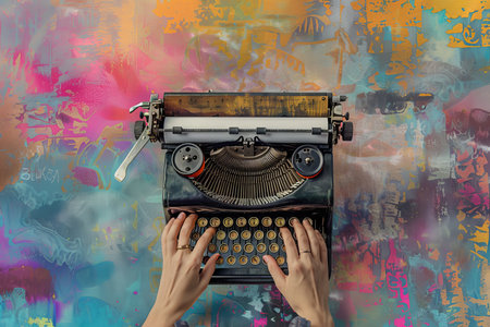 Hands typing novel on typewriter machine in collage, isolated on painted backgroundの写真素材
