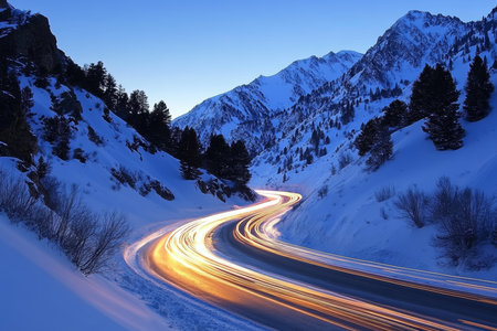 Twilight alpine road captivating long exposure of snowy mountains and car light streaksの写真素材
