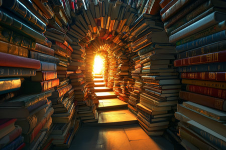 Winding tunnel of books illuminated by a bright light, creating a warm reading atmosphereの写真素材