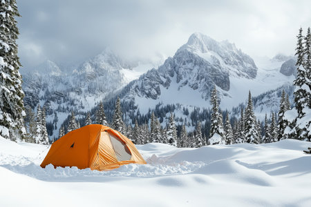 Serene winter scene featuring a tent nestled amidst majestic snow covered mountain peaksの写真素材