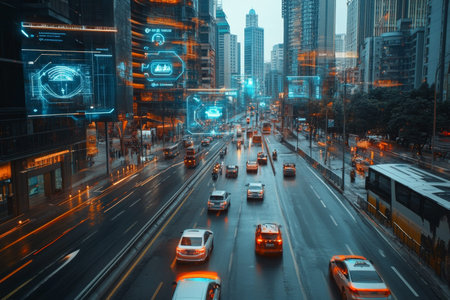 Futuristic cityscape with a smart traffic system and virtual interfaces above intersections