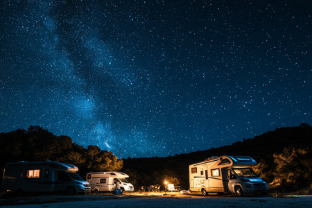 Rvs and campers parked under a starry night sky embracing adventure and freedom outdoorsの写真素材