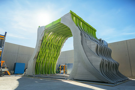 Innovative 3d printed concrete wall construction using large green and gray cement printer outdoors