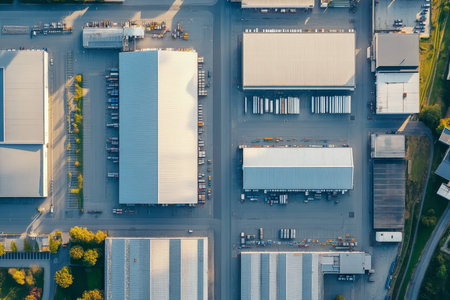 Aerial view of modern industrial warehouses in suburban area logistics and cargo transportation hubの写真素材