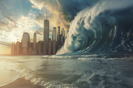 Impending tsunami threatens coastal city skyline, illustrating natural disaster impactの写真素材