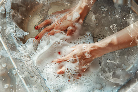 Detailed illustration of womans hands scrubbing dishes in soapy water at well-lit kitchen sinkの写真素材