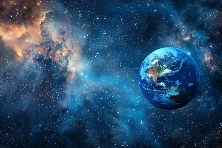 The photo is of high quality. Blue planet Earth close-up, against the backdrop of starry space.の写真素材