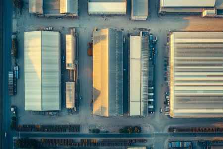 Aerial view of modern industrial warehouses in suburban city, logistic cargo transportation hubの写真素材