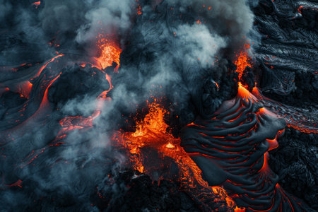 Photo active volcano eruption with billowing smoke and flowing molten red lavaの写真素材