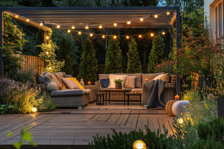Elegant outdoor patio luxury furniture, string lights, landscaped garden, romantic ambiance