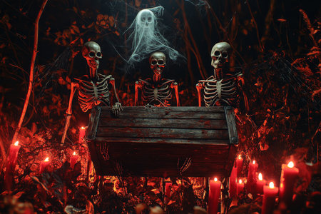 Eerie halloween scene skeletons carrying a coffin surrounded by candles and a ghostly figureの写真素材