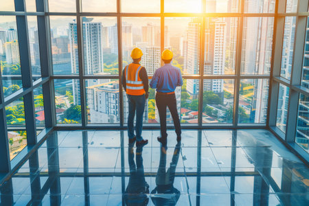 Professional engineers at construction site two businessmen inspecting house buildingの写真素材