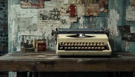 Vintage typewriter with a collage of letters on a rustic wooden surface background shotの写真素材