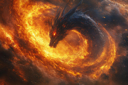 The fiery breath of a dragon igniting creation and destruction in the fabric of realityの写真素材