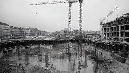 Dynamic construction site featuring numerous tower cranes against a clear sky backgroundの写真素材