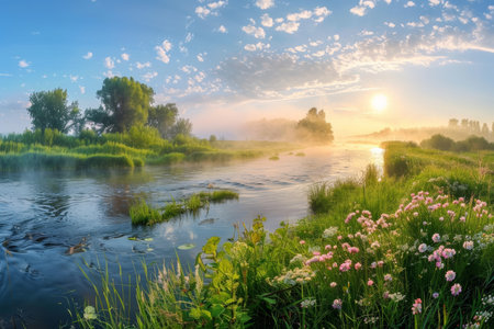 Sunny day panoramic summer landscape with stunning sunrise, mist, and tranquil river sceneryの写真素材