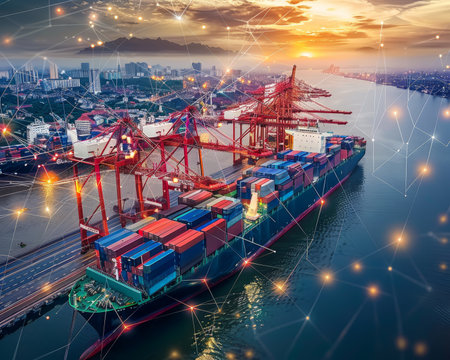 Efficient global trade network mapping shipping routes for supply chain logisticsの写真素材