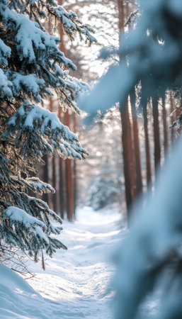 Frosty winter landscape snowy forest with fir trees and a dreamy christmas background