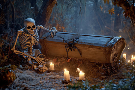 Spooky halloween forest scene featuring a skeleton, spider, and coffin with candles on the groundの写真素材