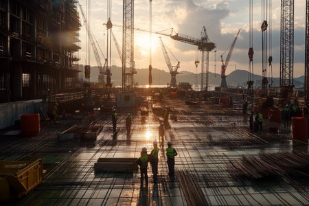 Panoramic view of construction workers and cranes at a major building site in the industryの写真素材